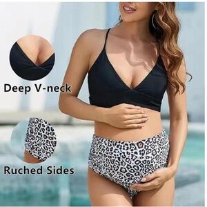 Maternity Black White Two Piece Animal Print Swimsuit Bikini V Neck Size XL